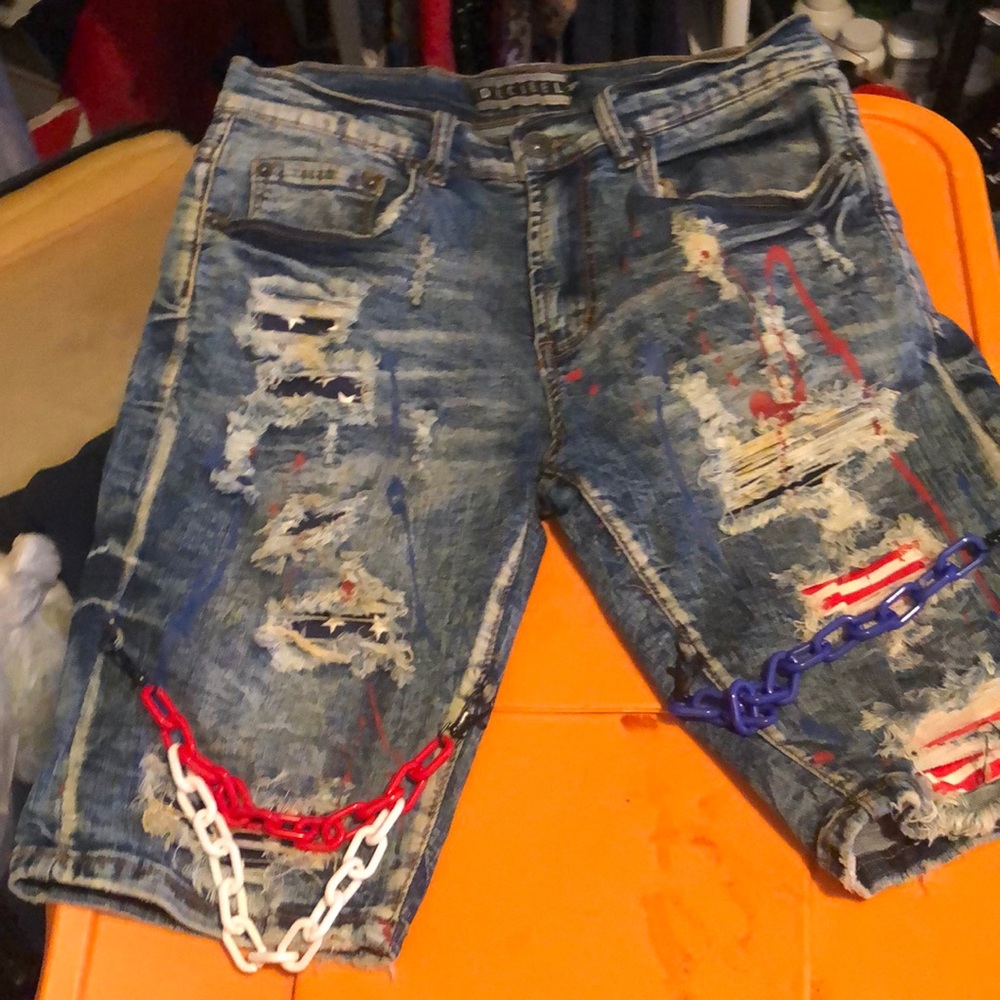 Decibel hybrid jean shorts stylish usa flag print  paint ripped faded size 30